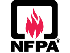 NFPA logo in bold black letters with a red flame inside black box above lettering. The National Fire Protection Association is the leading information and knowledge resource on fire, electrical and related hazards